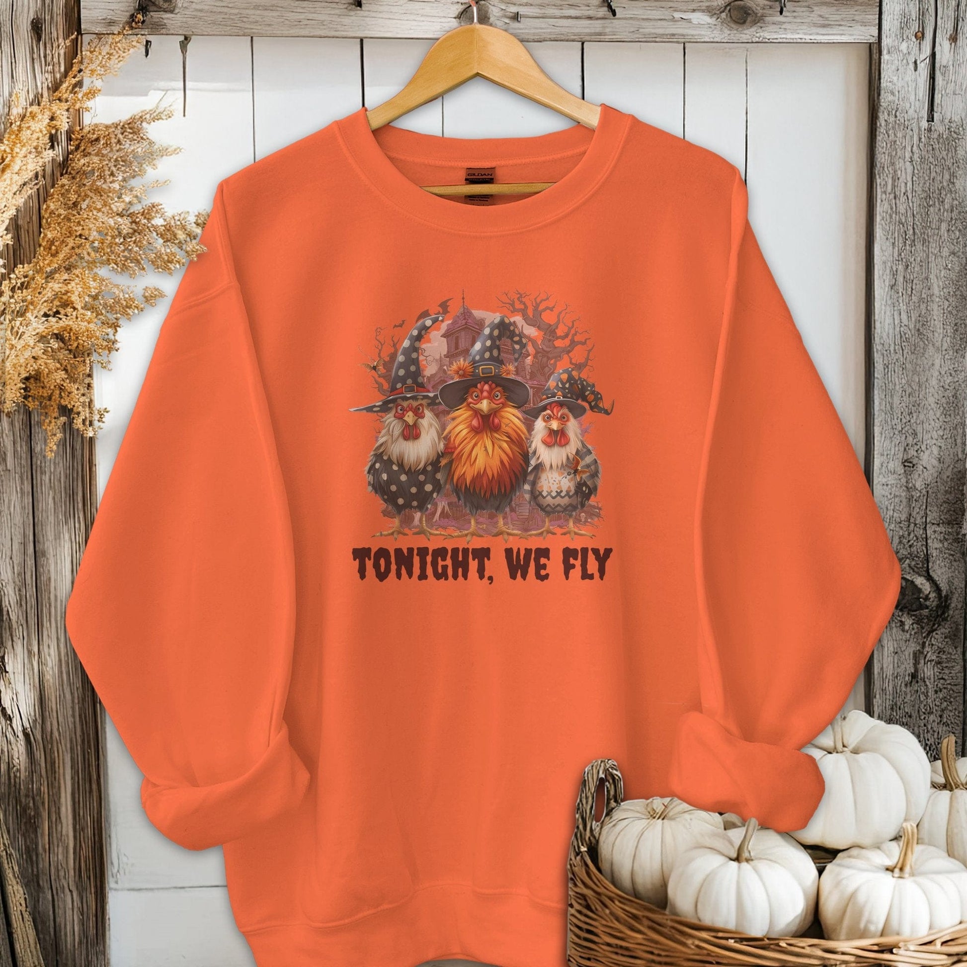 Holiday Shirt Adult Sweatshirt / Orange / S Halloween Witch Chickens Shirt