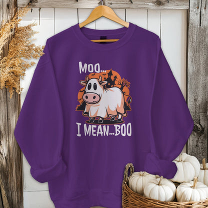 Holiday Shirt Adult Sweatshirt / Purple / S Halloween Moo I Mean Boo Cow Shirt