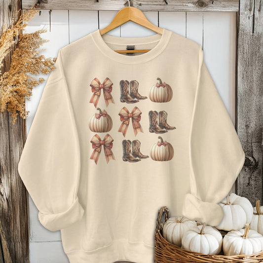 Holiday Shirt Adult Sweatshirt / Sand / S Boots Pumpkins and Bows Fall Shirt