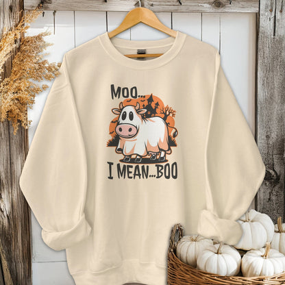 Holiday Shirt Adult Sweatshirt / Sand / S Halloween Moo I Mean Boo Cow Shirt