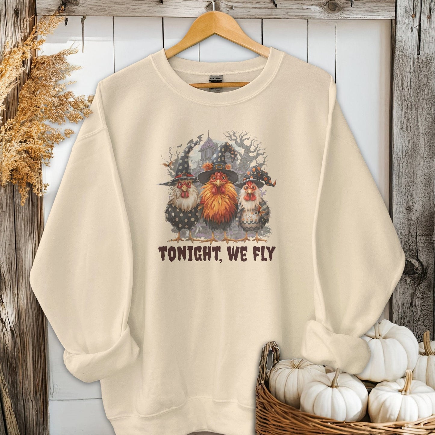 Holiday Shirt Adult Sweatshirt / Sand / S Halloween Witch Chickens Shirt