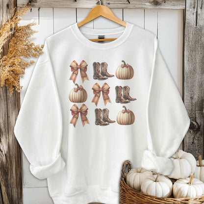 Holiday Shirt Adult Sweatshirt / White / S Boots Pumpkins and Bows Fall Shirt