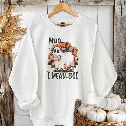 Holiday Shirt Adult Sweatshirt / White / S Halloween Moo I Mean Boo Cow Shirt