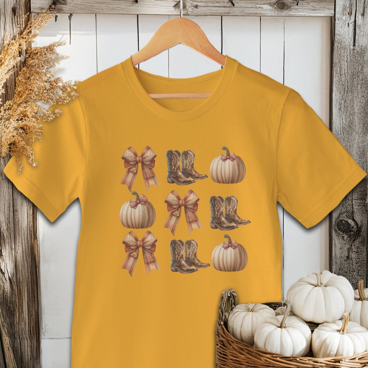 Holiday Shirt Adult T-shirt / Gold / XS Boots Pumpkins and Bows Fall Shirt