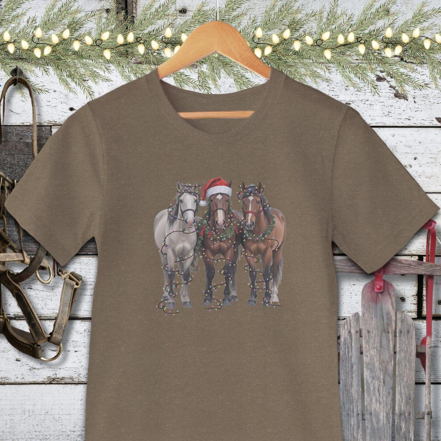 Holiday Shirt Adult T-shirt / Heather Olive / XS Festive Horses Shirt