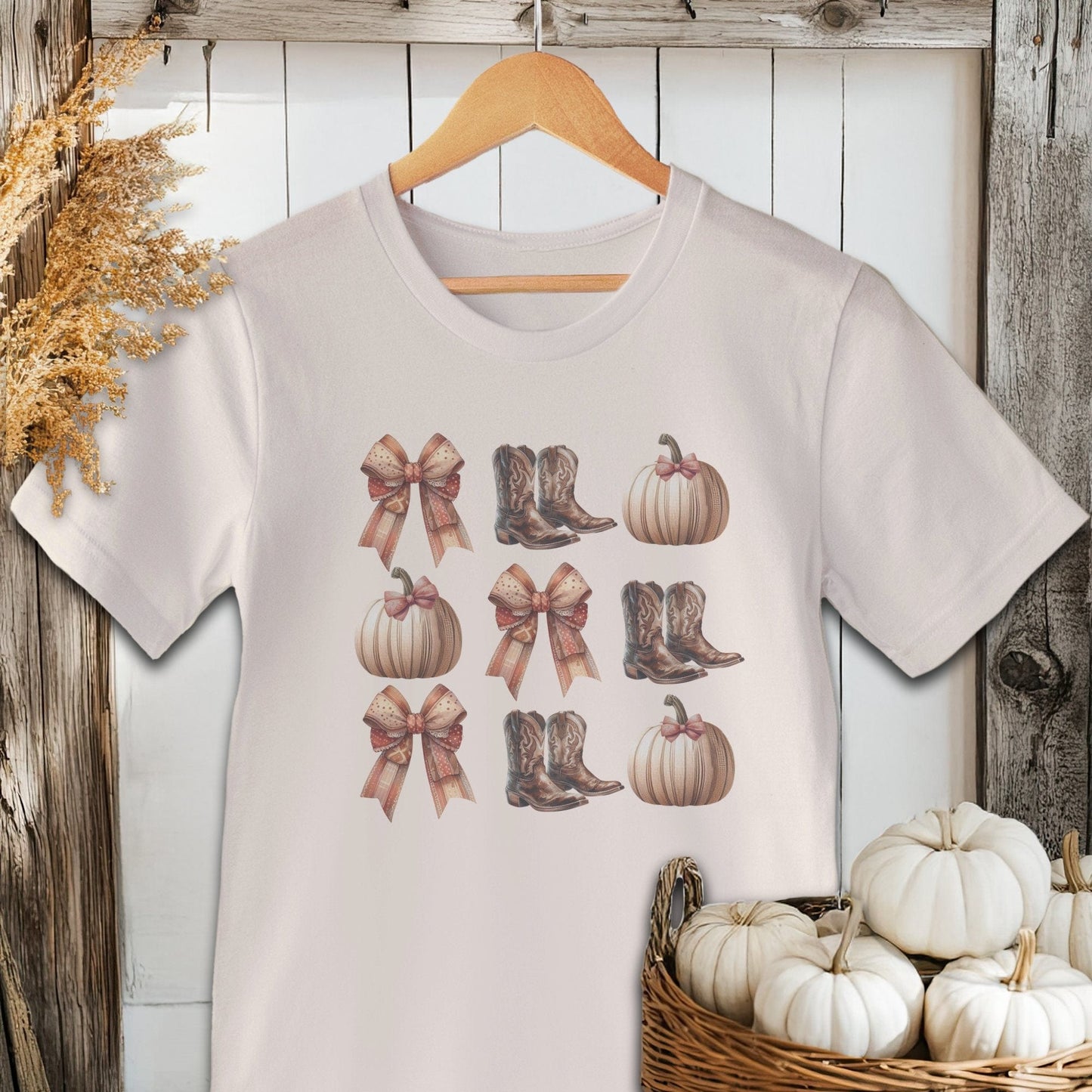 Holiday Shirt Adult T-shirt / Natural / XS Boots Pumpkins and Bows Fall Shirt