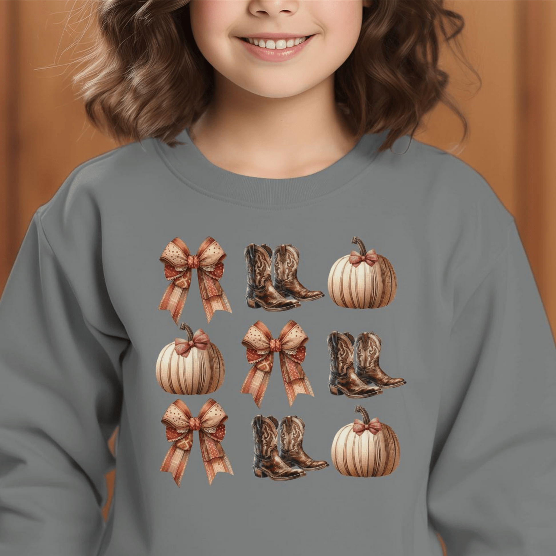 Holiday Youth Shirt Boots Pumpkins and Bows Fall - Youth Shirt