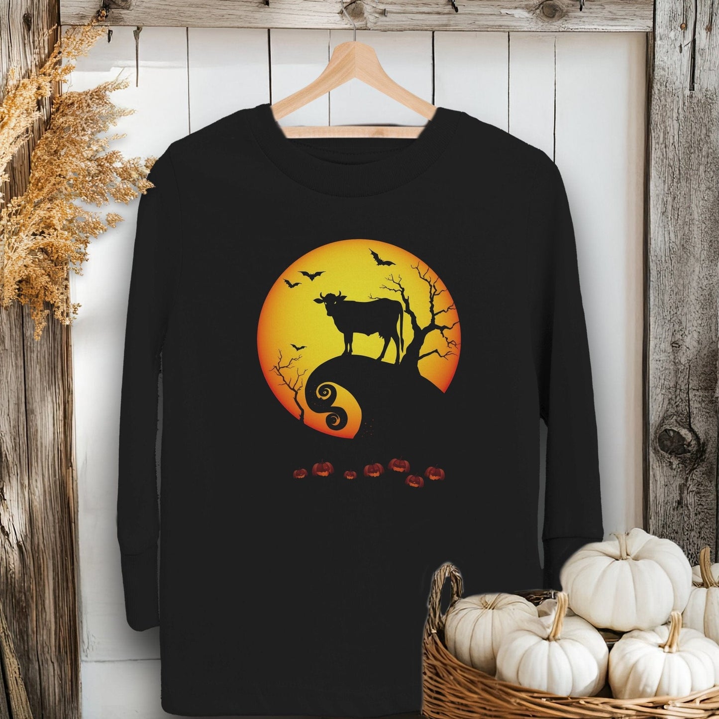 Holiday Youth Shirt Toddler Long Sleeve Tee / 2T / Black Halloween Cow in Moonlight Youth Shirt