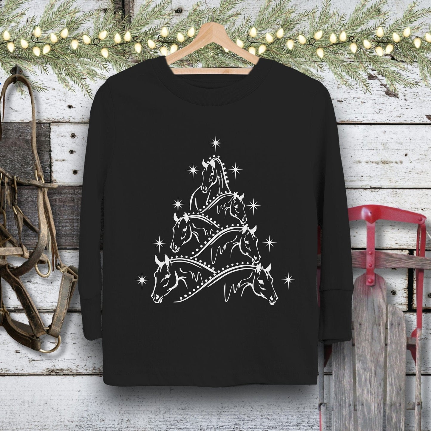 Holiday Youth Shirt Toddler Long Sleeve Tee / Black / 2T Horse Art Christmas Youth Shirt