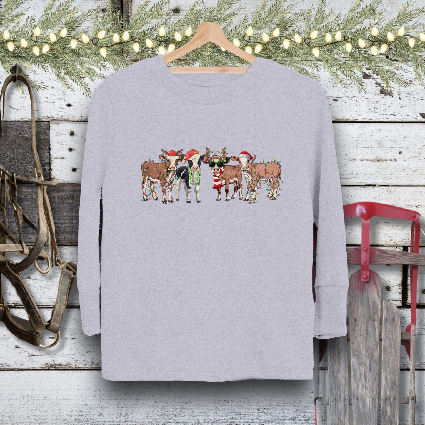 Holiday Youth Shirt Toddler Long Sleeve Tee / Heather / 2T Festive Cows Youth Shirt