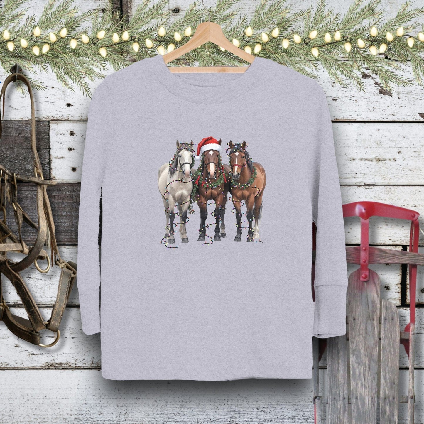 Holiday Youth Shirt Toddler Long Sleeve Tee / Heather / 2T Festive Horses Youth Shirt