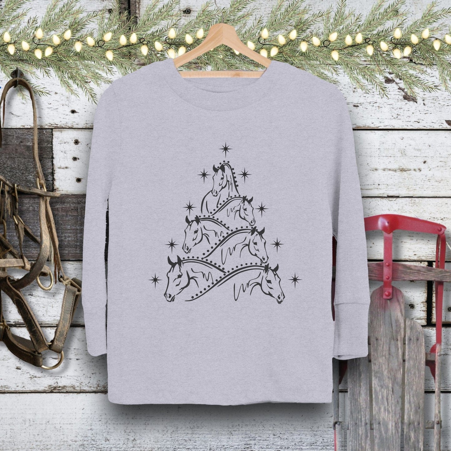 Holiday Youth Shirt Toddler Long Sleeve Tee / Heather / 2T Horse Art Christmas Youth Shirt