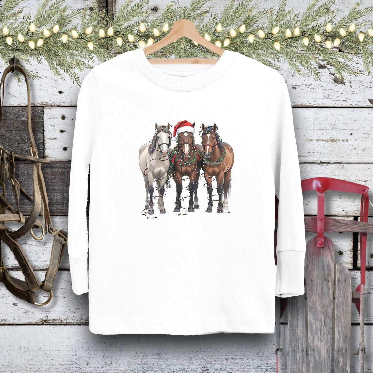 Holiday Youth Shirt Toddler Long Sleeve Tee / White / 2T Festive Horses Youth Shirt