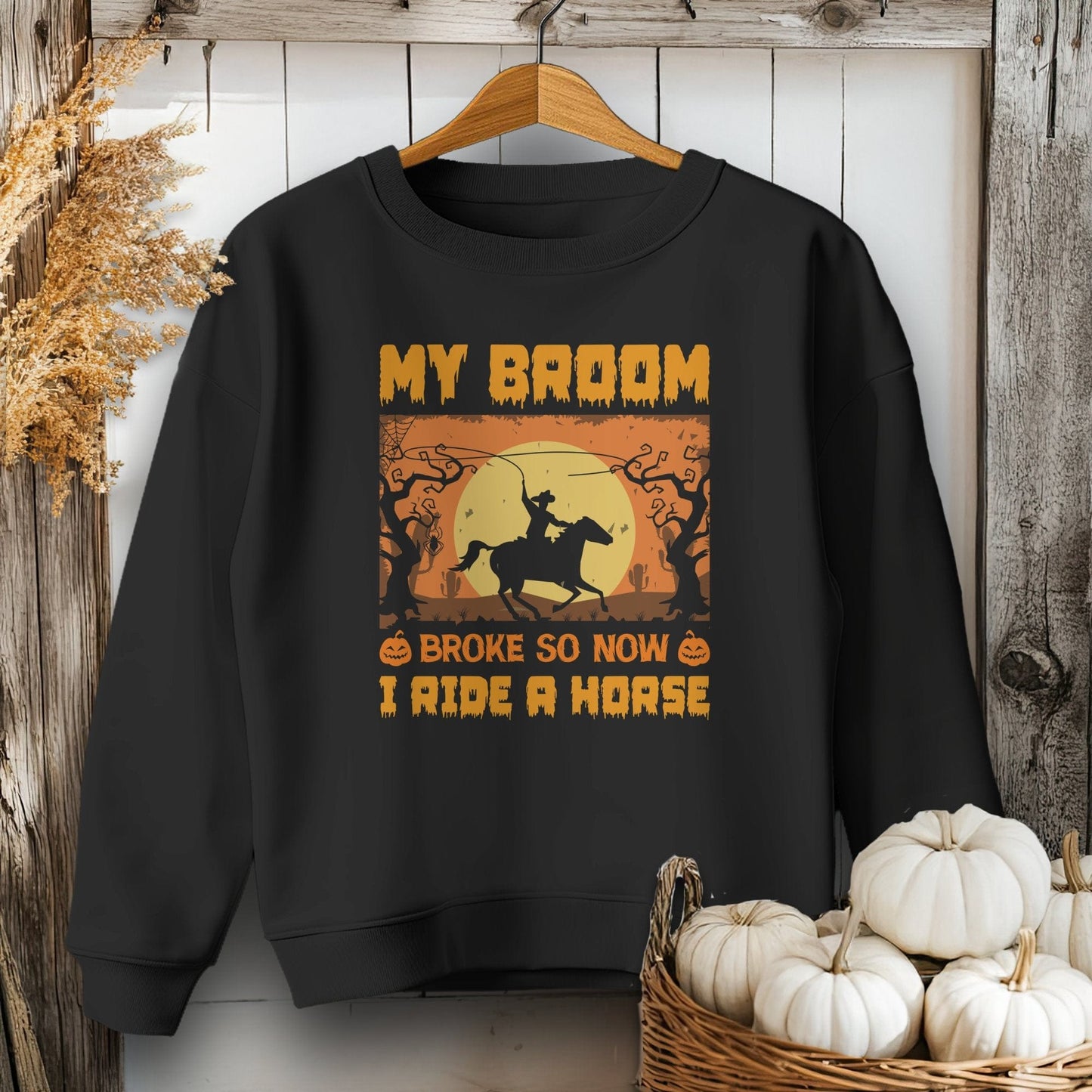 Holiday Youth Shirt Youth Sweatshirt / XS / Black Halloween Broom Broke Now I Ride A Horse Youth Shirt