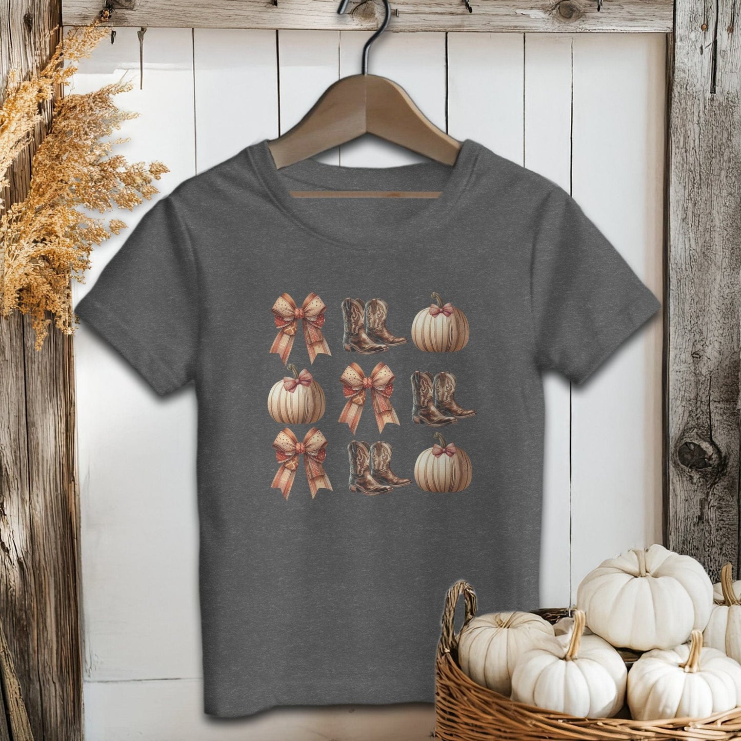 Holiday Youth Shirt Youth T-shirt / Dark Grey Heather / S Boots Pumpkins and Bows Fall - Youth Shirt