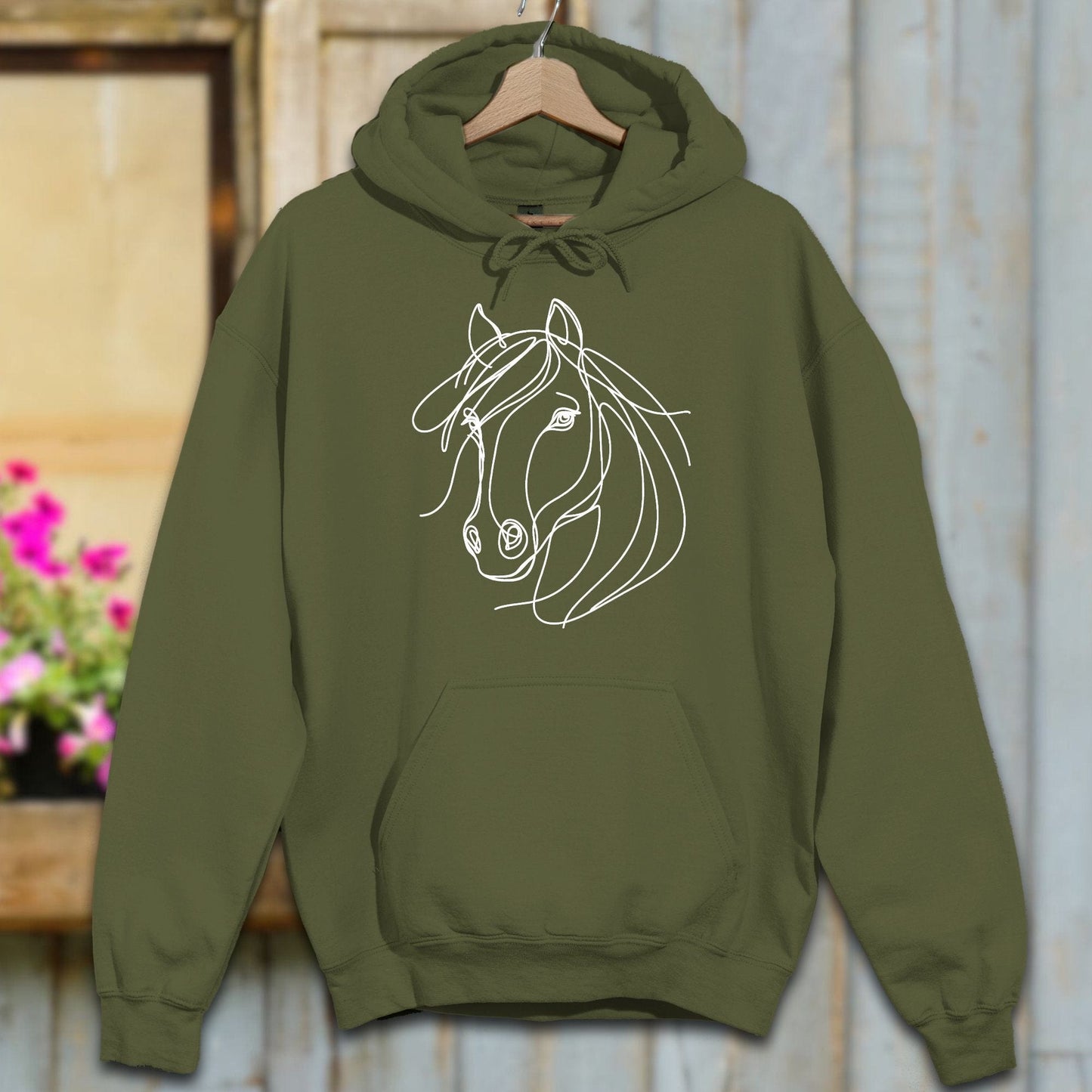 Hoodie Adult Hoodie / Military Green / S Elegant Horse Line Art Hoodie