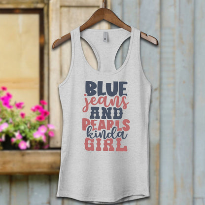 Ladies Shirt Adult Racerback / XS / Heather Grey Blue Jeans and Pearls Kinda Girl Shirt