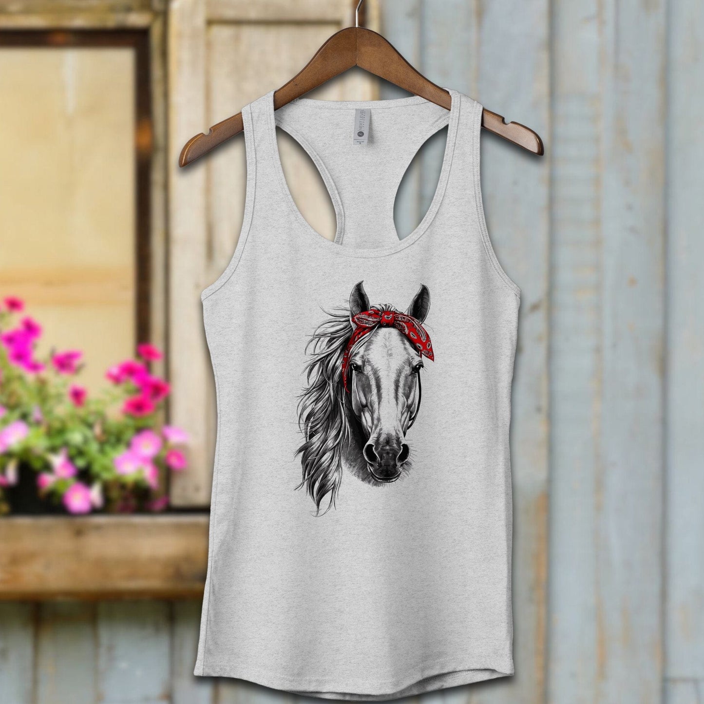 Ladies Shirt Adult Racerback / XS / Heather Grey Stylish Horse with Red Bandana Shirt