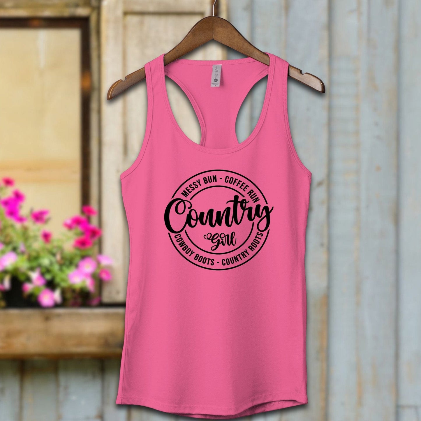 Ladies Shirt Adult Racerback / XS / Hot Pink Country Girl Messy Bun Coffee Run Shirt