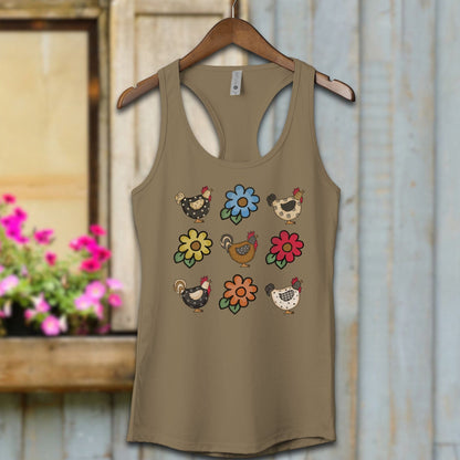 Ladies Shirt Adult Racerback / XS / Military Green Chickens and Flowers Shirt