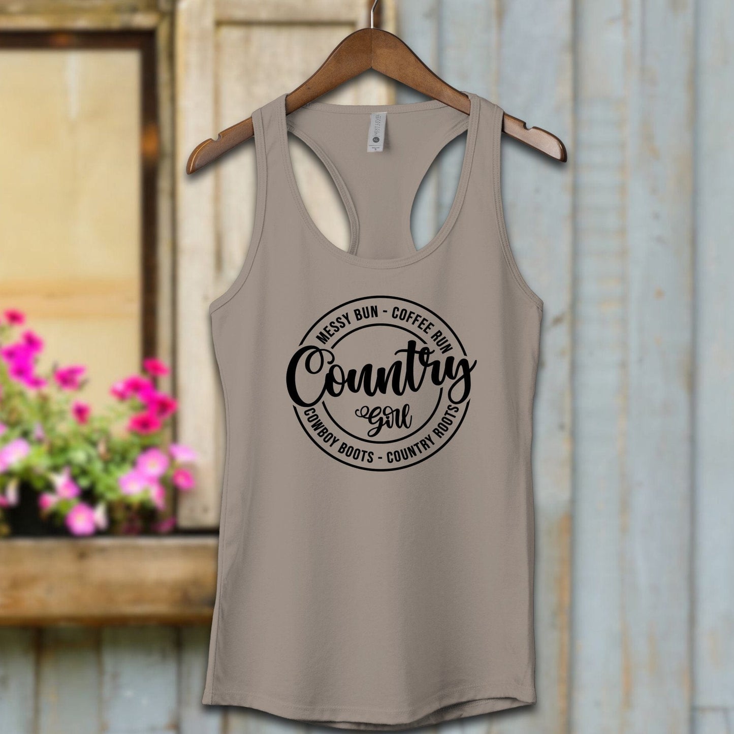 Ladies Shirt Adult Racerback / XS / Warm Grey Country Girl Messy Bun Coffee Run Shirt