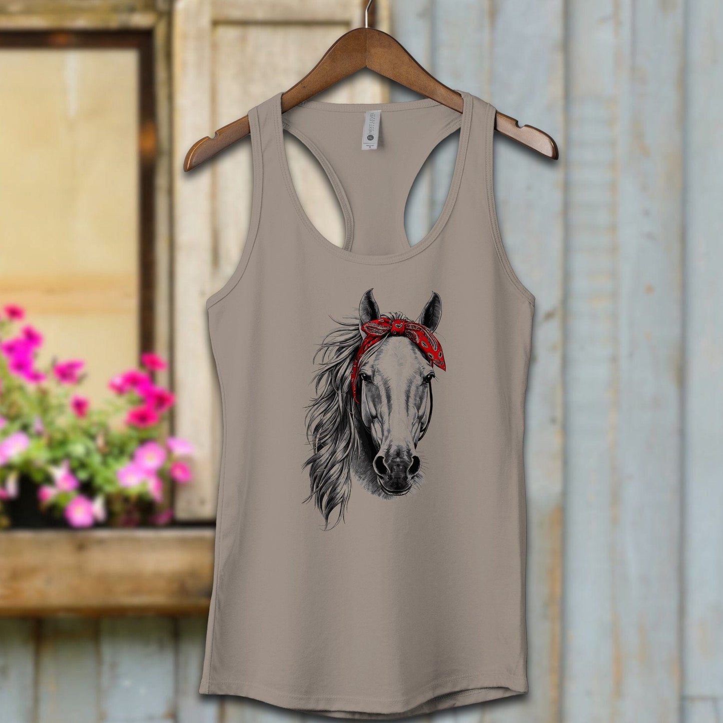 Ladies Shirt Adult Racerback / XS / Warm Grey Stylish Horse with Red Bandana Shirt