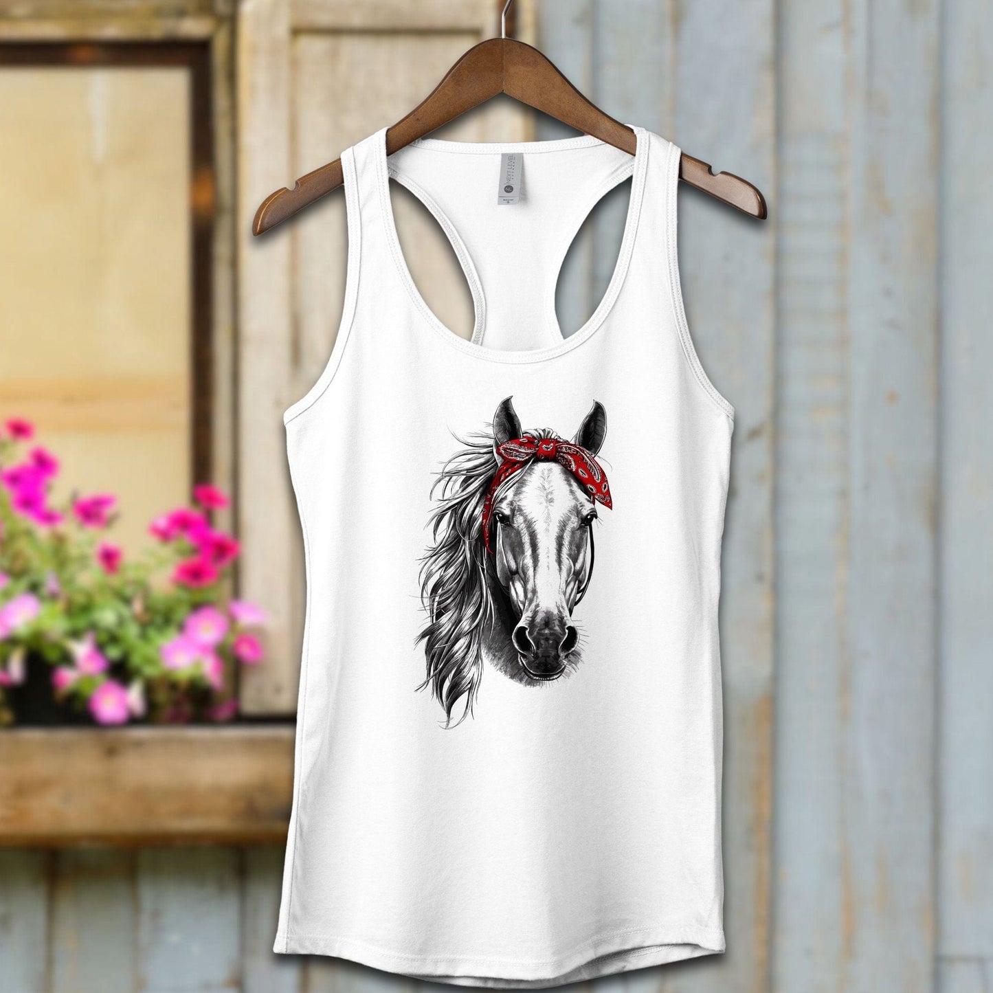 Ladies Shirt Adult Racerback / XS / White Stylish Horse with Red Bandana Shirt