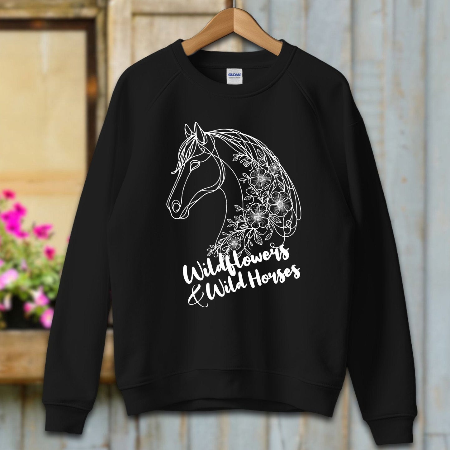 Ladies Shirt Adult Sweatshirt / S / Black Wildflowers And Wild Horses Shirt