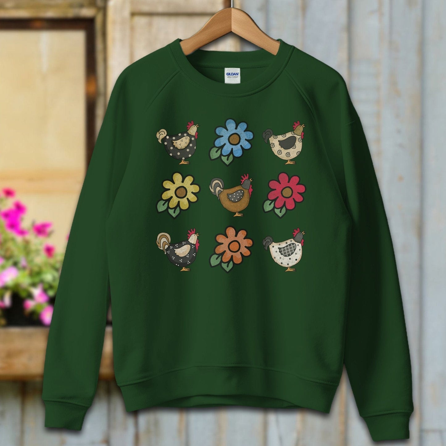 Ladies Shirt Adult Sweatshirt / S / Forest Green Chickens and Flowers Shirt