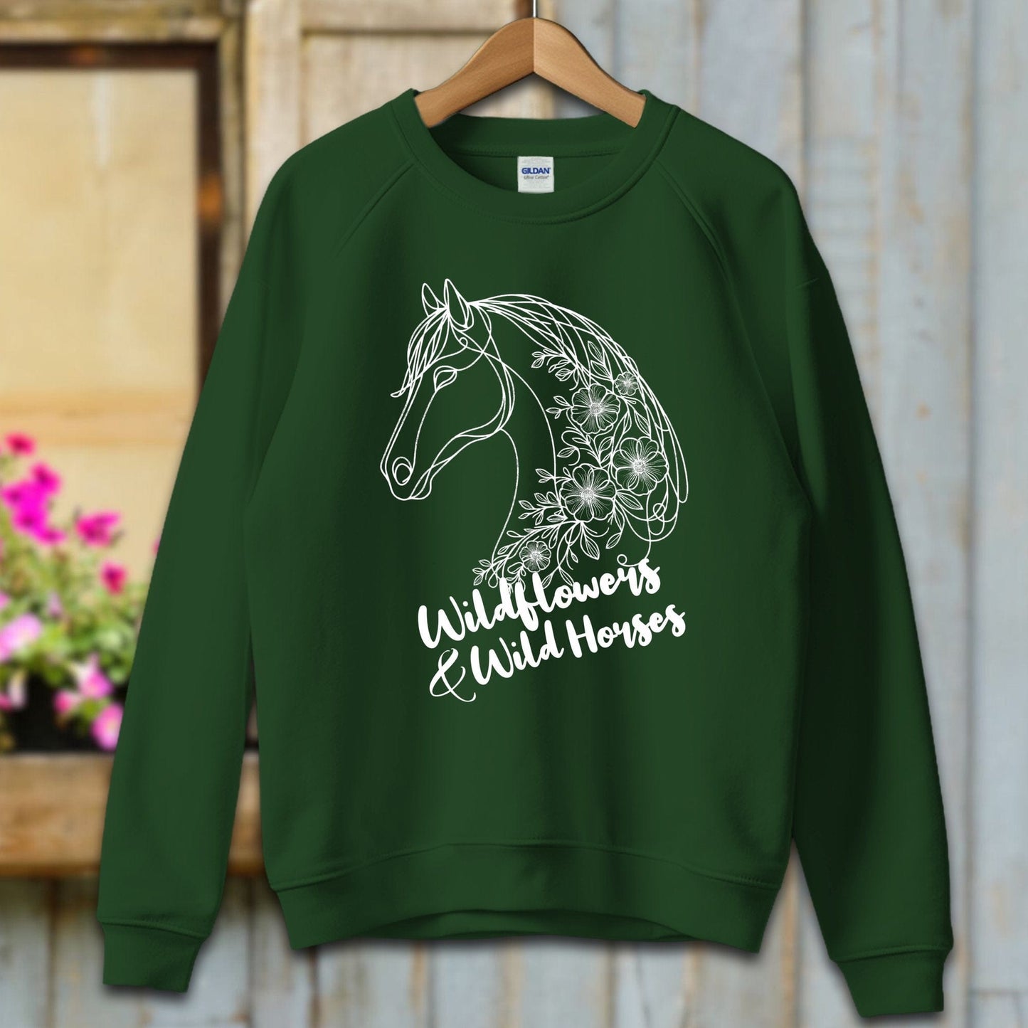 Ladies Shirt Adult Sweatshirt / S / Forest Green Wildflowers And Wild Horses Shirt