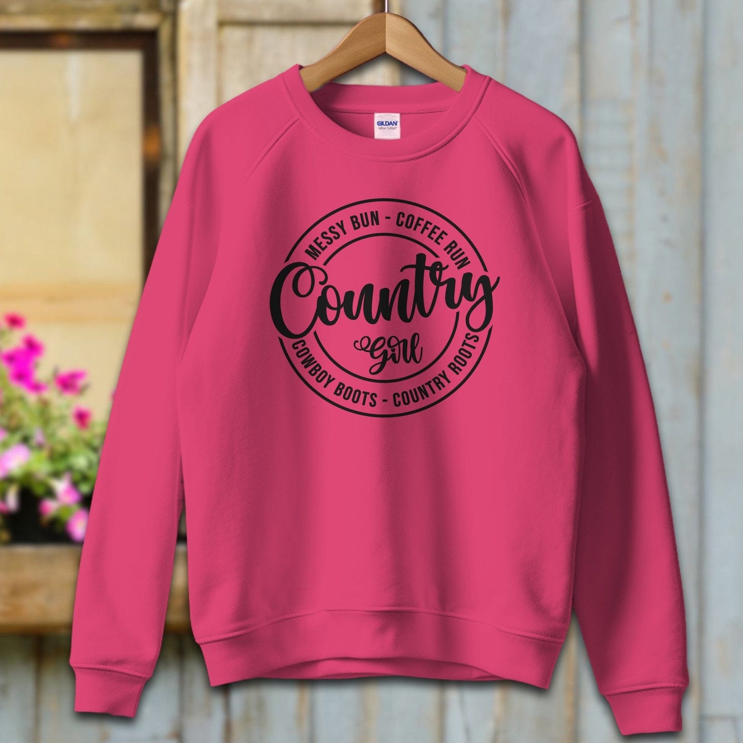 Ladies Shirt Adult Sweatshirt / S / Heliconia Country Girl Messy Bun Coffee Run Shirt