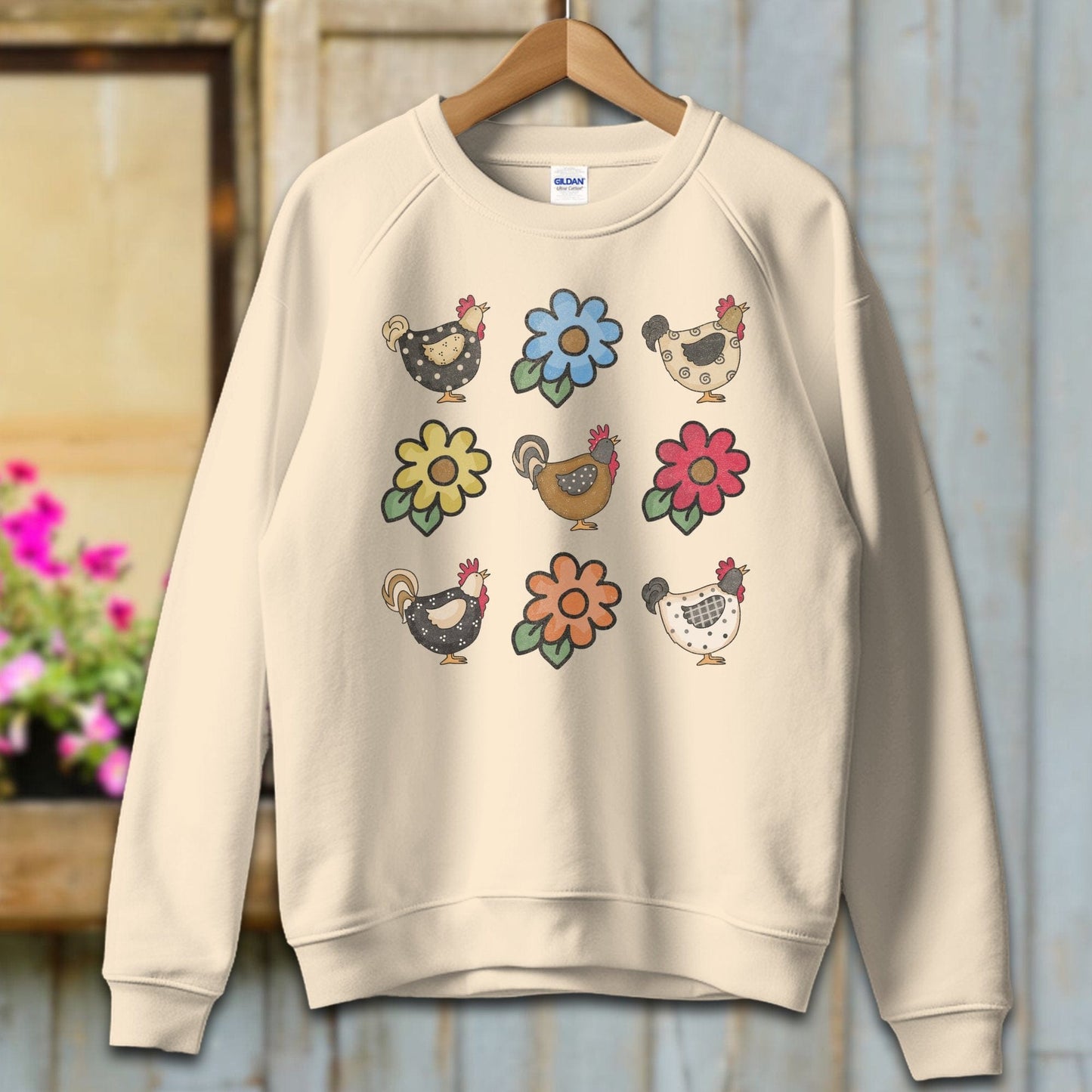 Ladies Shirt Adult Sweatshirt / S / Sand Chickens and Flowers Shirt