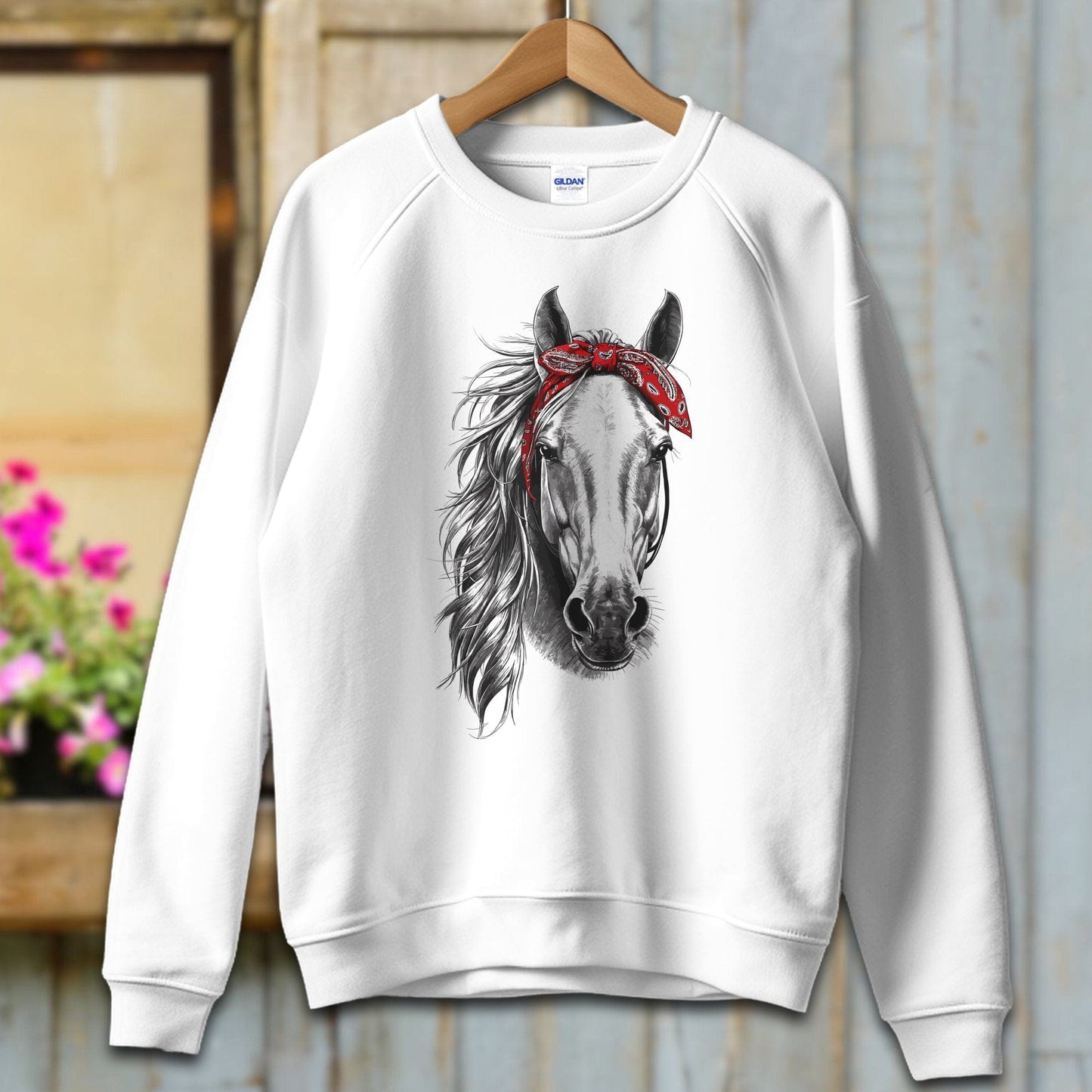 Ladies Shirt Adult Sweatshirt / S / White Stylish Horse with Red Bandana Shirt