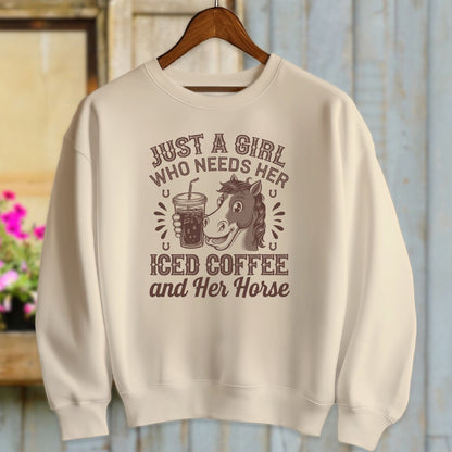 Ladies Shirt Adult Sweatshirt / Sand / S Just A Girl Iced Coffee And Horse Shirt