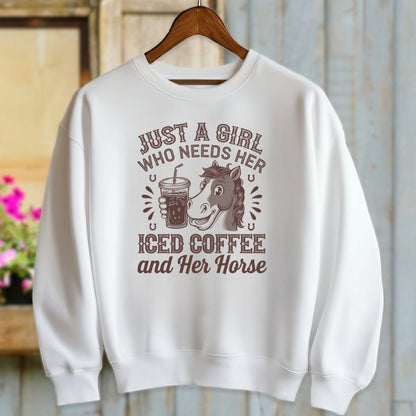 Ladies Shirt Adult Sweatshirt / White / S Just A Girl Iced Coffee And Horse Shirt