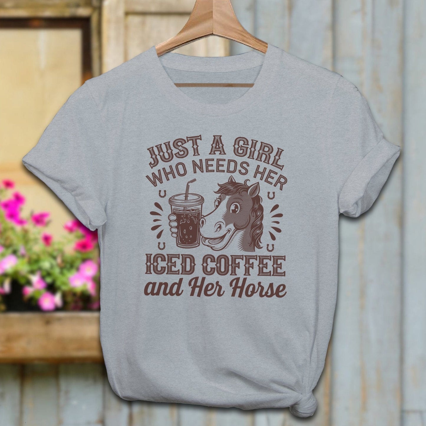 Ladies Shirt Adult T-Shirt / Athletic Heather / XS Just A Girl Iced Coffee And Horse Shirt