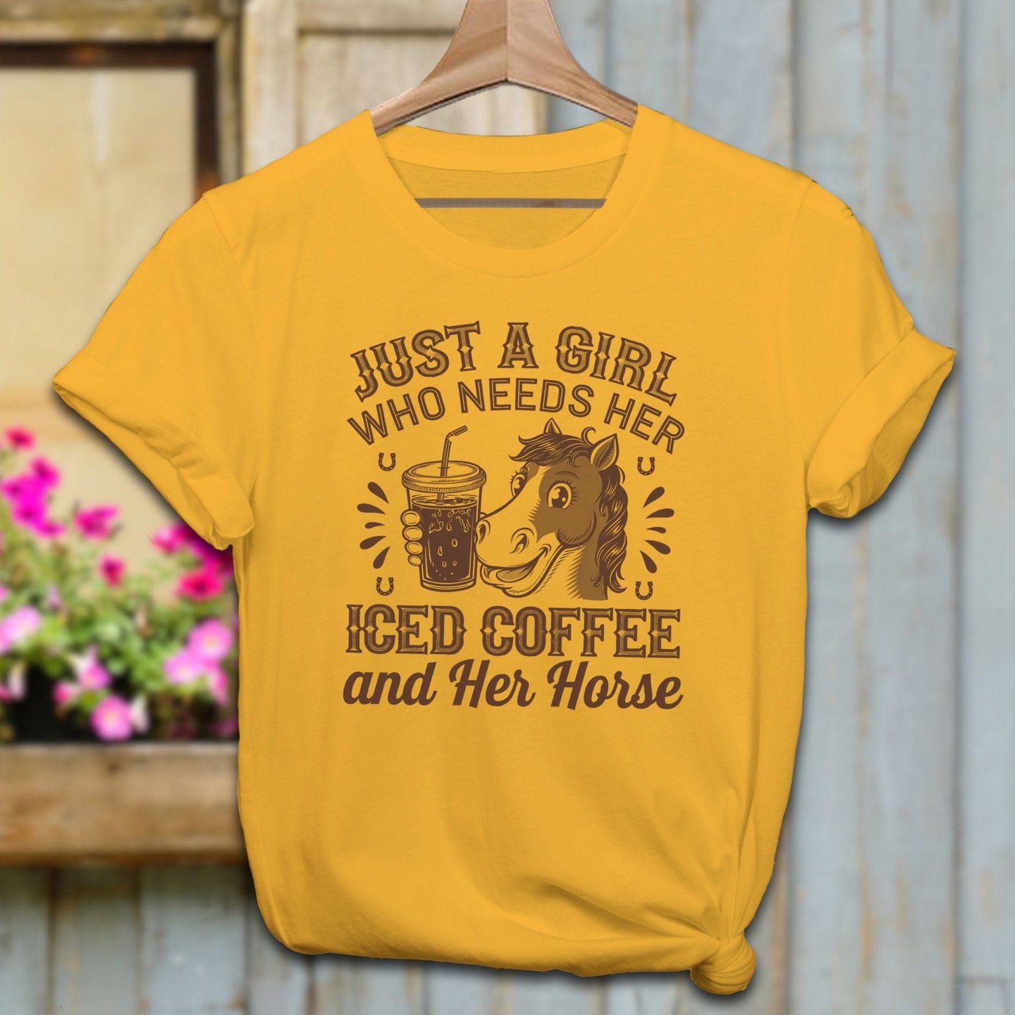 Ladies Shirt Adult T-Shirt / Gold / XS Just A Girl Iced Coffee And Horse Shirt