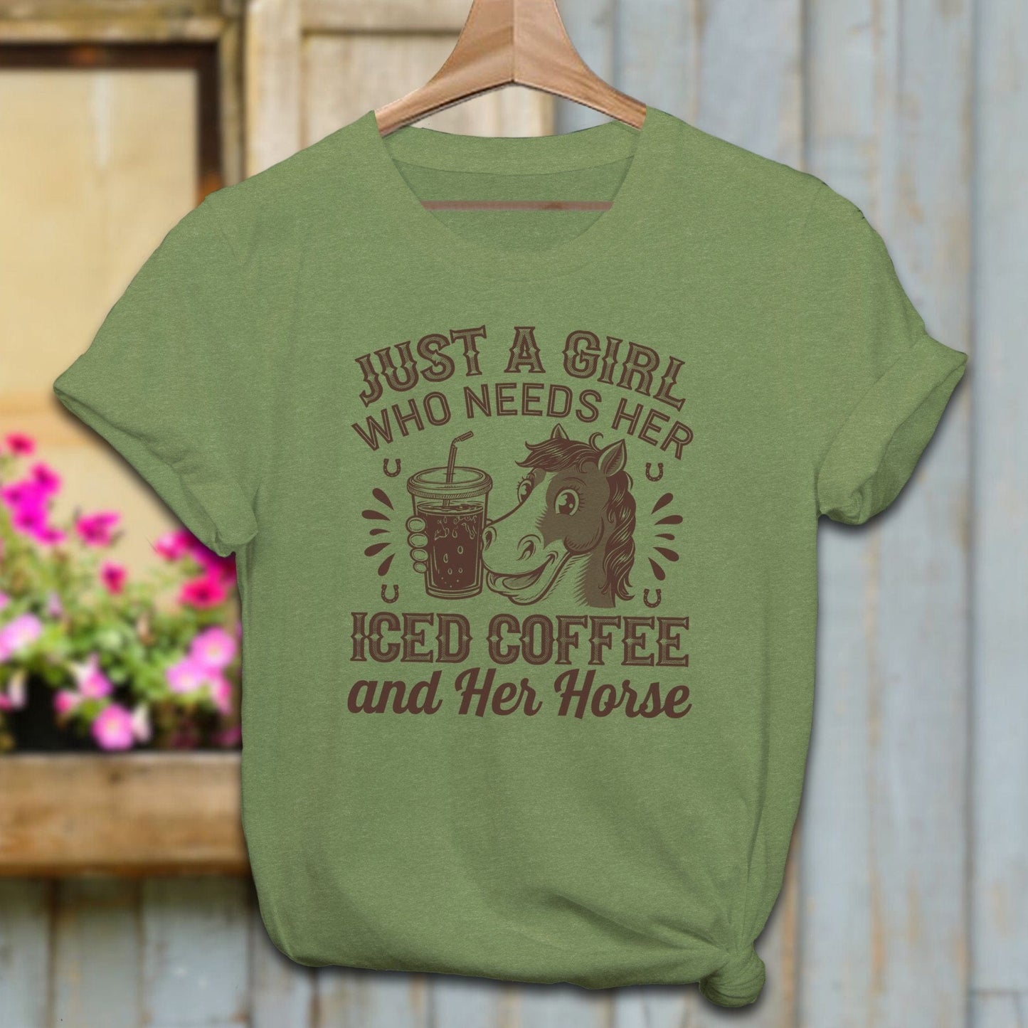 Ladies Shirt Adult T-Shirt / Heather Green / XS Just A Girl Iced Coffee And Horse Shirt