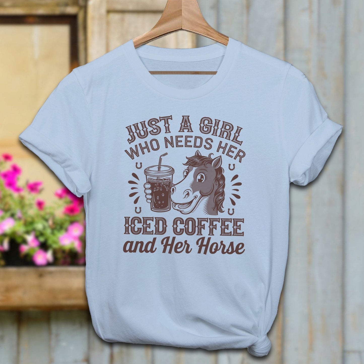 Ladies Shirt Adult T-Shirt / Light Blue / XS Just A Girl Iced Coffee And Horse Shirt