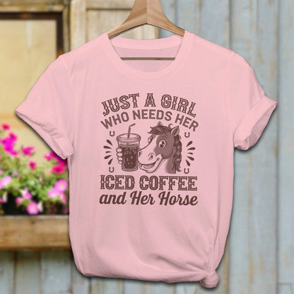 Ladies Shirt Adult T-Shirt / Pink / XS Just A Girl Iced Coffee And Horse Shirt