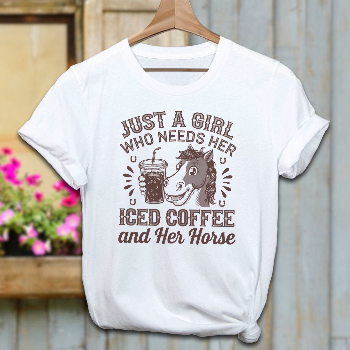 Ladies Shirt Adult T-Shirt / White / XS Just A Girl Iced Coffee And Horse Shirt