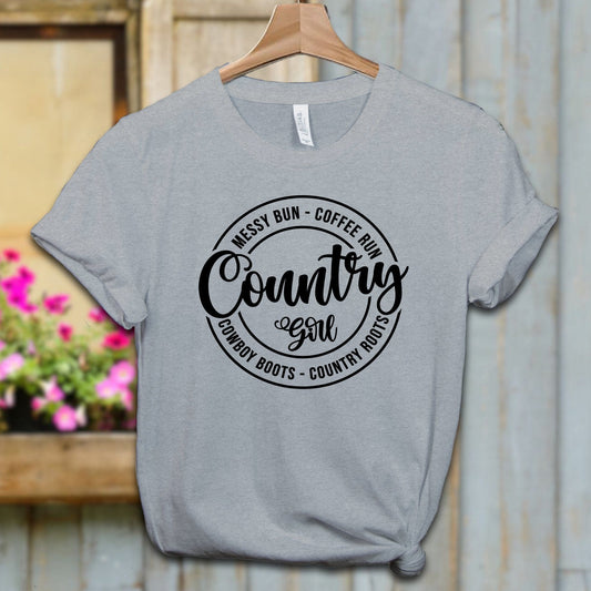 Ladies Shirt Adult T-shirt / XS / Athletic Heather Country Girl Messy Bun Coffee Run Shirt