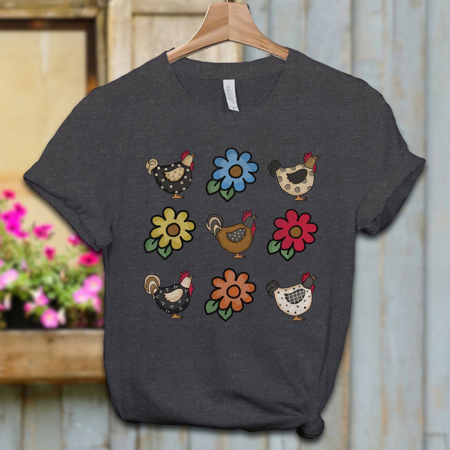 Ladies Shirt Adult T-shirt / XS / Dark Grey Heather Chickens and Flowers Shirt