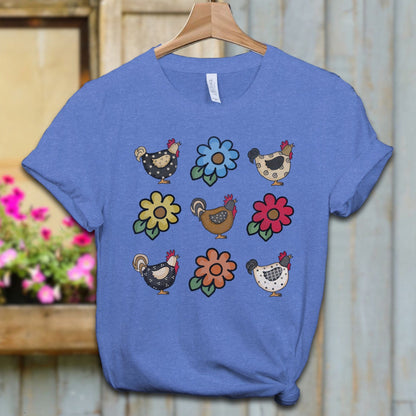 Ladies Shirt Adult T-shirt / XS / Heather Columbia Blue Chickens and Flowers Shirt