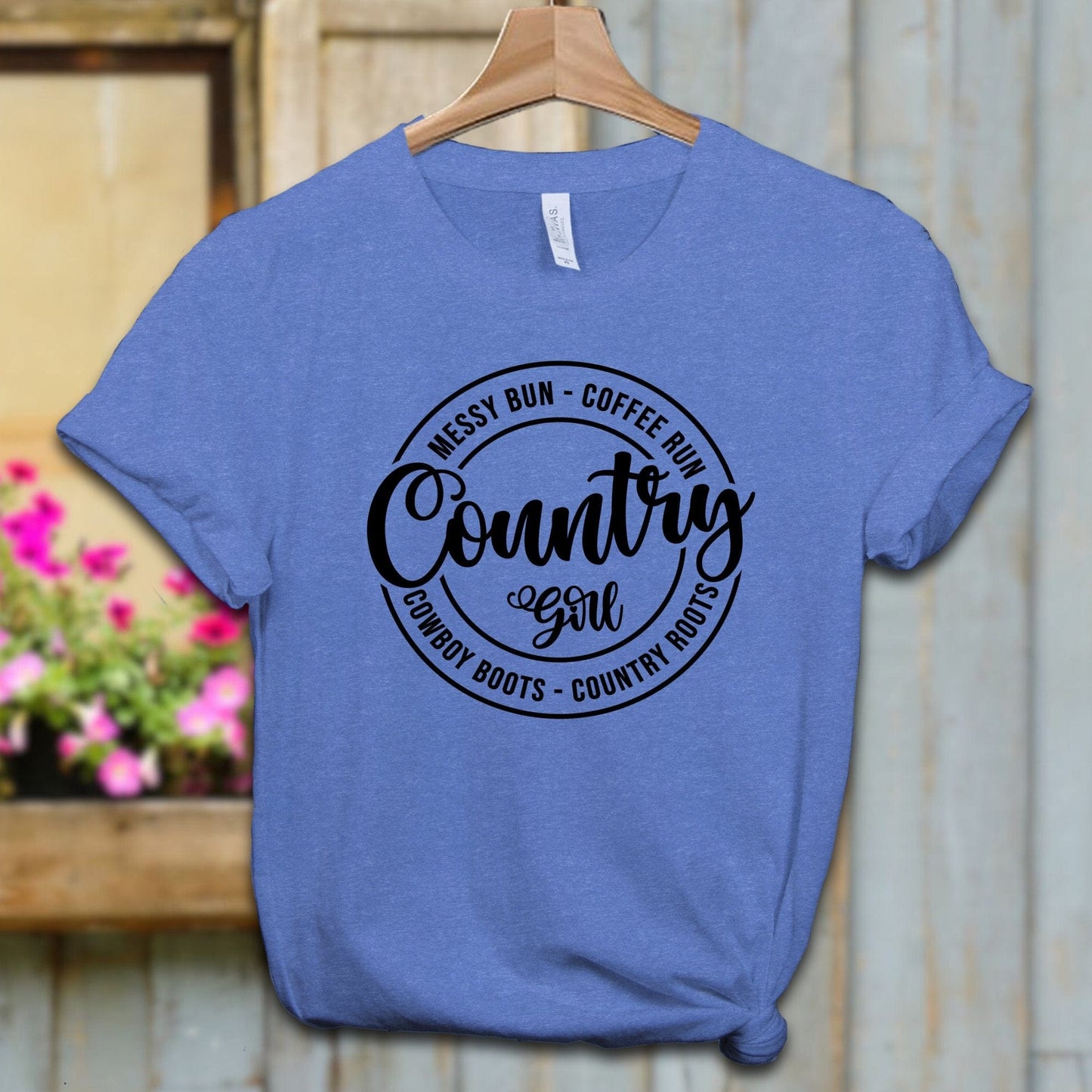 Ladies Shirt Adult T-shirt / XS / Heather Columbia Blue Country Girl Messy Bun Coffee Run Shirt