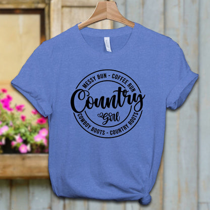 Ladies Shirt Adult T-shirt / XS / Heather Columbia Blue Country Girl Messy Bun Coffee Run Shirt