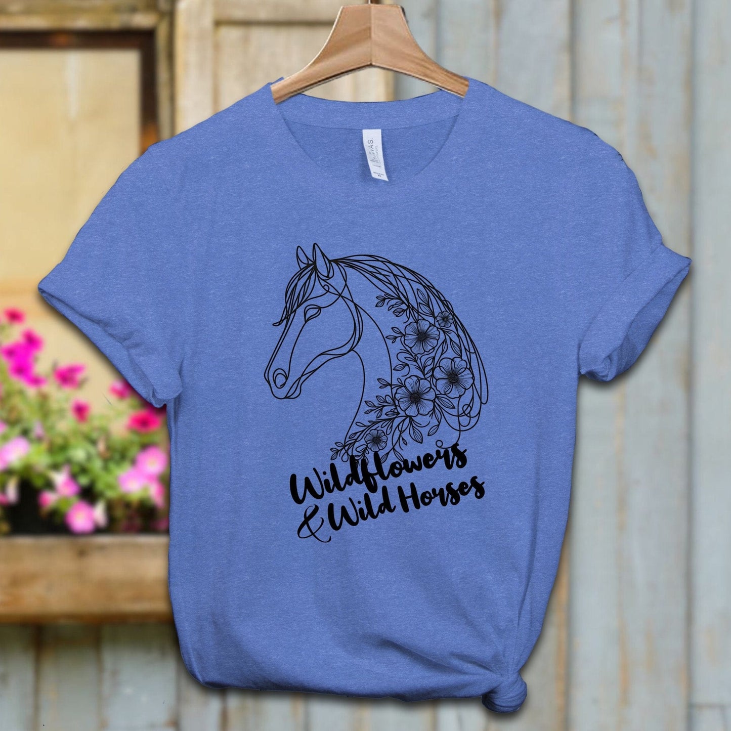 Ladies Shirt Adult T-shirt / XS / Heather Columbia Blue Wildflowers And Wild Horses Shirt