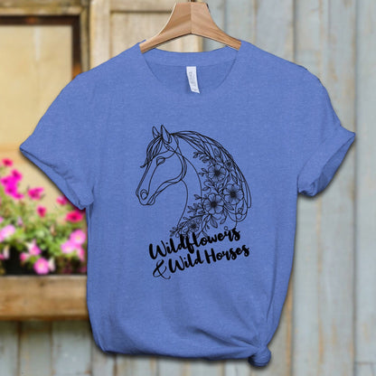 Ladies Shirt Adult T-shirt / XS / Heather Columbia Blue Wildflowers And Wild Horses Shirt