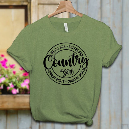 Ladies Shirt Adult T-shirt / XS / Heather Green Country Girl Messy Bun Coffee Run Shirt