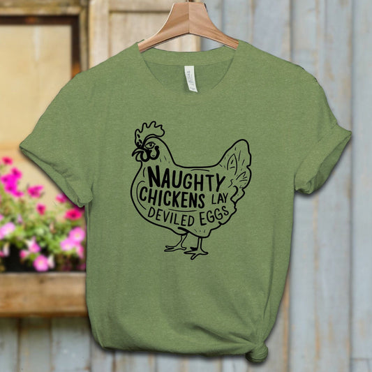 Ladies Shirt Adult T-shirt / XS / Heather Green Naughty Chickens Lay Deviled Eggs Shirt